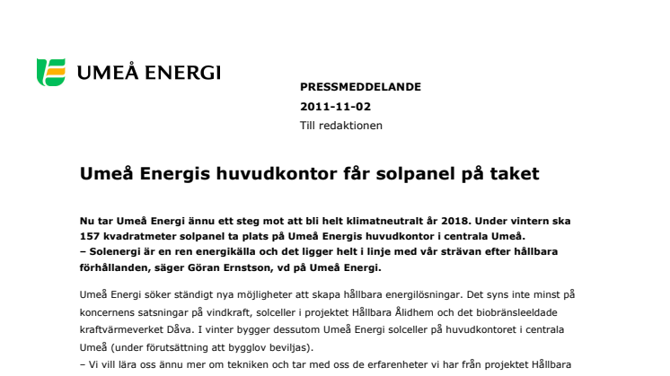 Umeå Energis huvudkontor får solpanel på taket