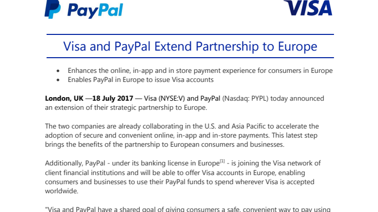 Visa and PayPal Extend Partnership to Europe
