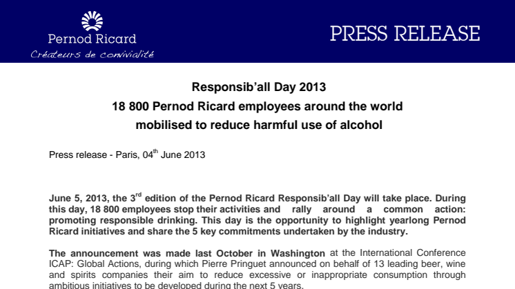 Responsib’all Day 2013: 18 800 Pernod Ricard employees around the world mobilised to reduce harmful use of alcohol