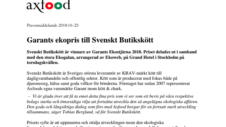 Garants ekopris till Svenskt Butikskött
