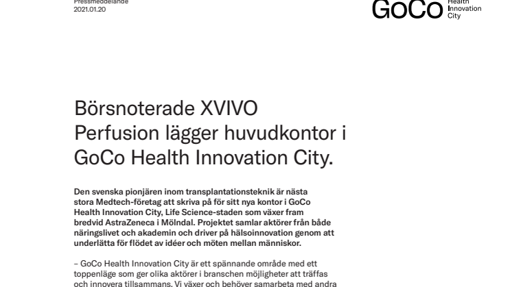 Börsnoterade XVIVO Perfusion lägger huvudkontor i GoCo Health Innovation City