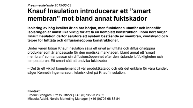Knauf Insulation introducerar ett ”smart membran” mot bland annat fuktskador