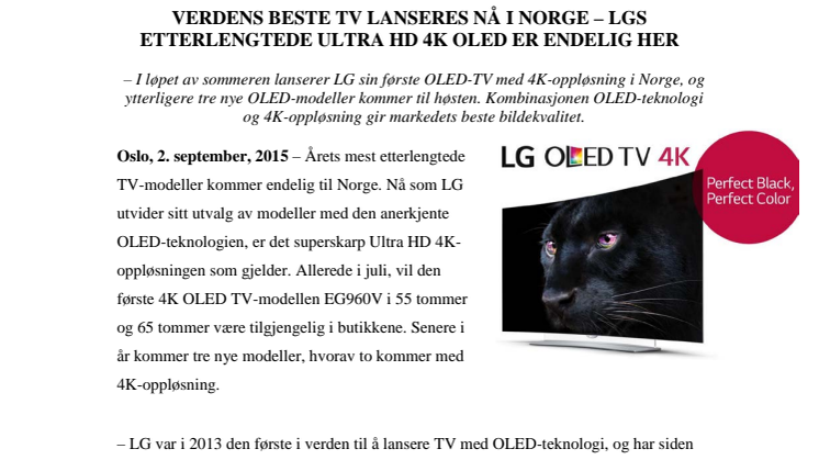 VERDENS BESTE TV LANSERES NÅ I NORGE – LGS ETTERLENGTEDE ULTRA HD 4K OLED ER ENDELIG HER