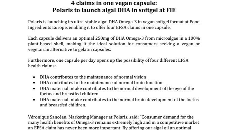 PRESS RELEASE - Four claims in one vegan capsule: Polaris to launch algal DHA in softgel at FIE