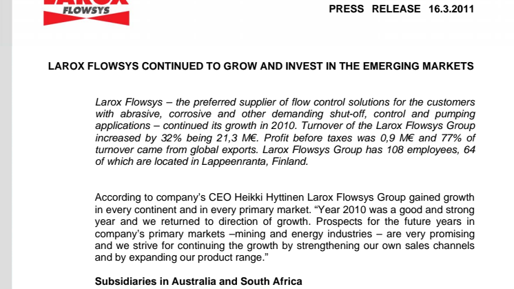 Larox Flowsys Continued to Grow and Invest in the Emerging Markets