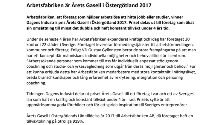 Arbetsfabriken är Årets Gasell i Östergötland 2017