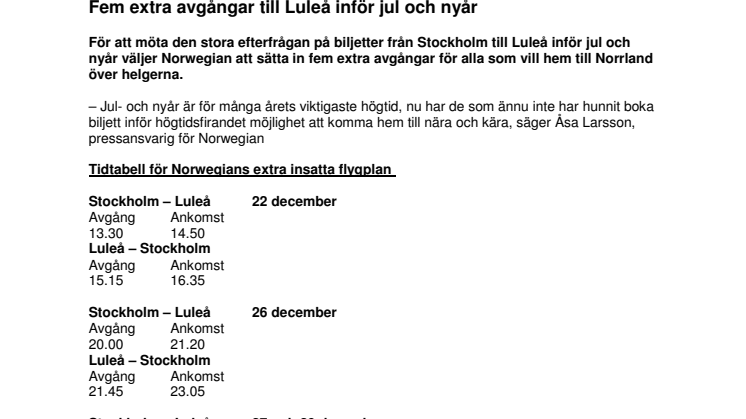 Fem extra avgångar till Luleå inför jul och nyår