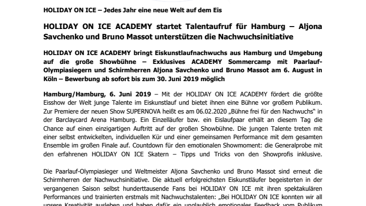 HOLIDAY ON ICE ACADEMY startet Talentaufruf für Hamburg – Aljona Savchenko und Bruno Massot unterstützen die Nachwuchsinitiative