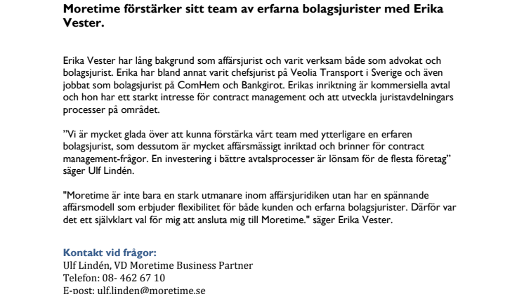 Moretime välkomnar Erika Vester till teamet av erfarna bolagsjurister