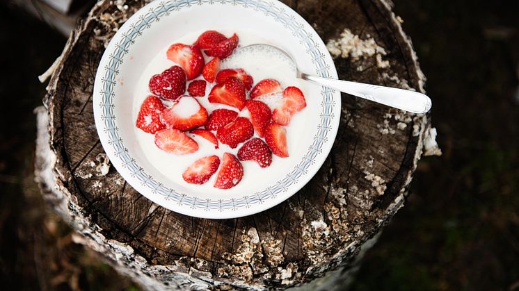 Svenska jordgubbar med mjölk eller grädde.