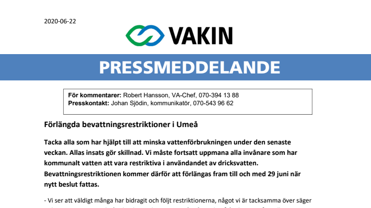 Förlängda bevattningsrestriktioner i Umeå 