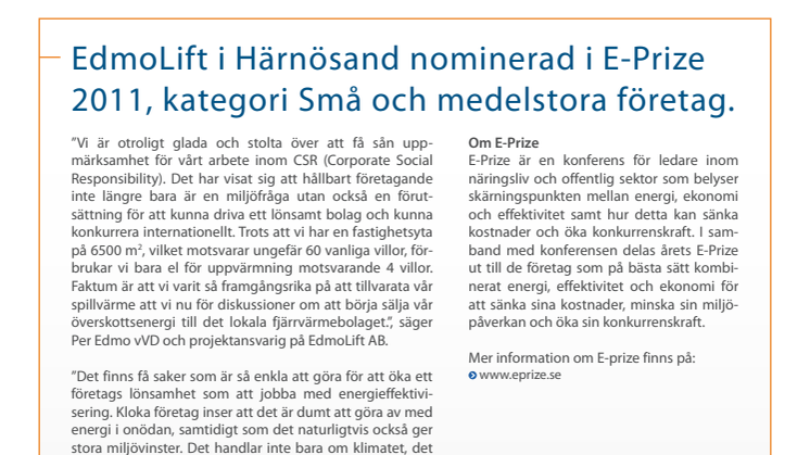 EdmoLift i Härnösand nominerad i E-Prize 2011, kategori Små och medelstora företag. 