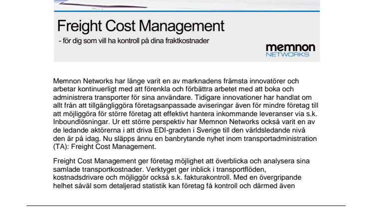 Memnon Networks ger företag möjlighet att hantera sina fraktkostnader med nya Freight Cost Management