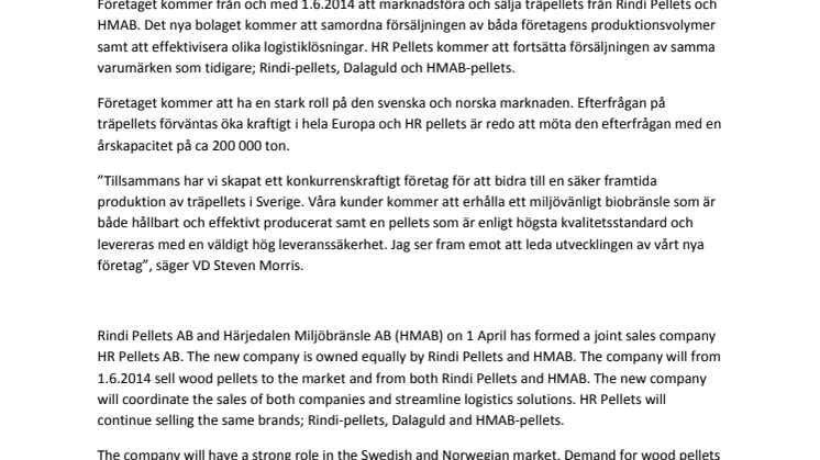HR Pellets AB - Nytt säljbolag för Härjedalens Miljöbränsle AB och Rindi Pellets AB