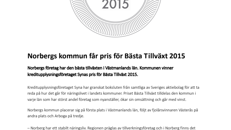 Norbergs kommun får pris för Bästa Tillväxt 2015