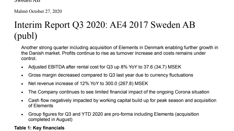 Interim Report Q3 2020: AE4 2017 Sweden AB (publ)