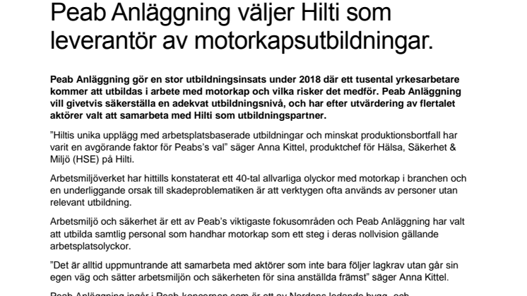 Peab Anläggning väljer Hilti som leverantör av motorkapsutbildningar.