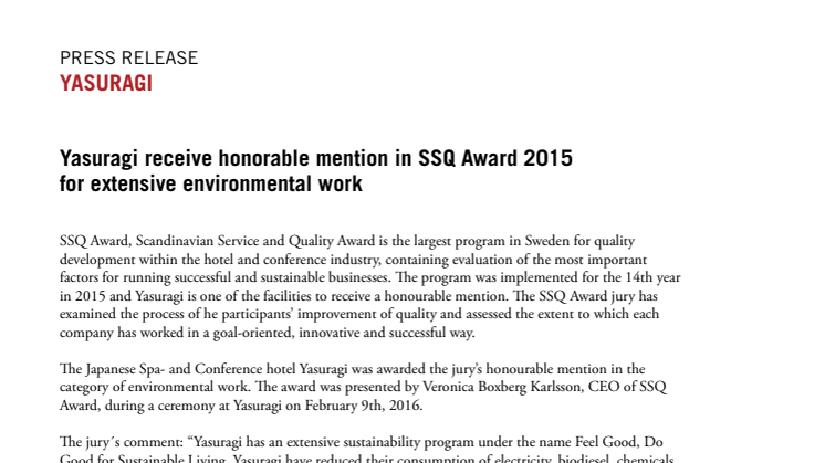 Yasuragi receives honourable mention in SSQ Award 2015 for extensive environmental work