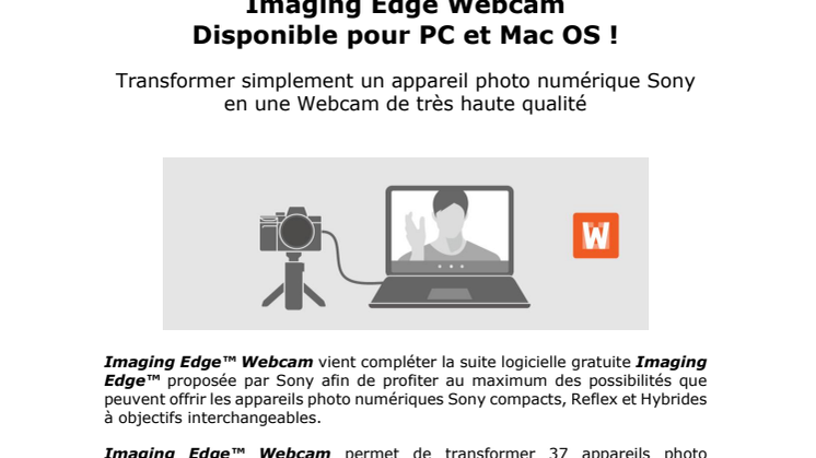 Imaging Edge Webcam  Disponible pour PC et Mac OS !
