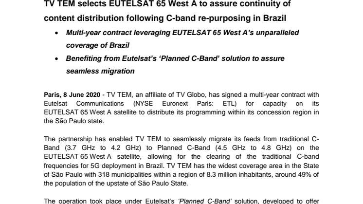 TV TEM selects EUTELSAT 65 West A to assure continuity of content distribution following C-band re-purposing in Brazil 