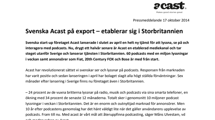 Svenska Acast på export – etablerar sig i Storbritannien