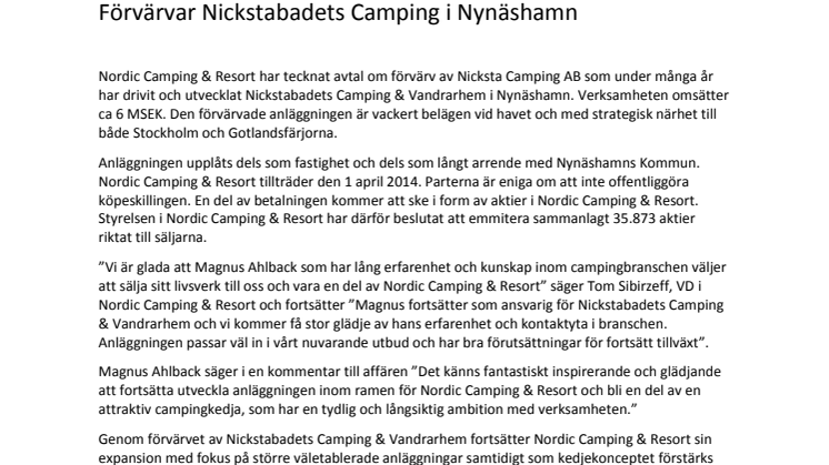 Nordic Camping & Resort AB förvärvar Nickstabadets Camping i Nynäshamn.