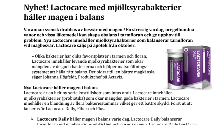 Nyhet! Lactocare med mjölksyrabakterier håller magen i balans