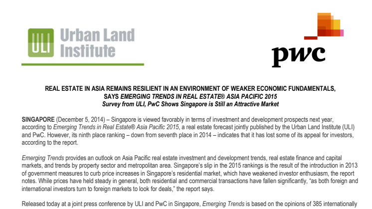 Real Estate in Asia Remains Resilient in an Environment of Weaker Economic Fundamentals, says Emerging Trends In Real Estate® Asia Pacific 2015