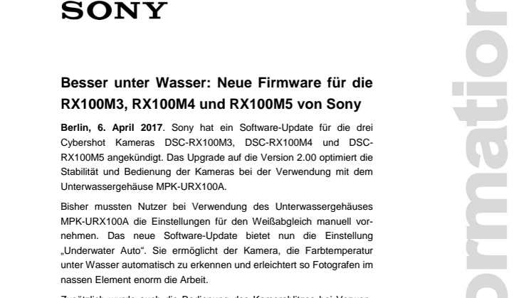 Besser unter Wasser: Neue Firmware für die RX100M3, RX100M4 und RX100M5 von Sony