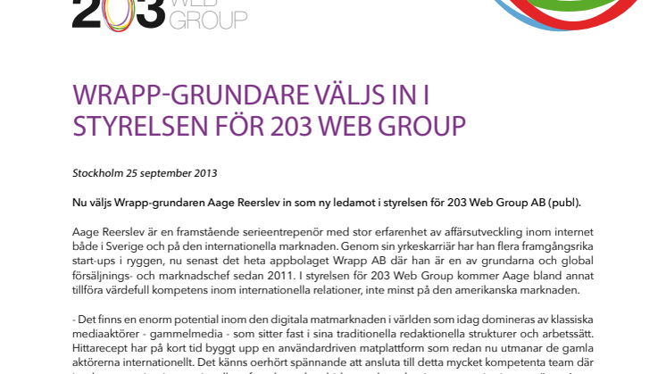 Wrapp-grundare väljs in i styrelsen för 203 Web Group