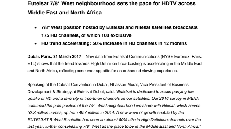 Eutelsat 7/8° West neighbourhood sets the pace for HDTV across Middle East and North Africa