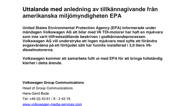 Uttalande med anledning av tillkännagivande från amerikanska miljömyndigheten EPA