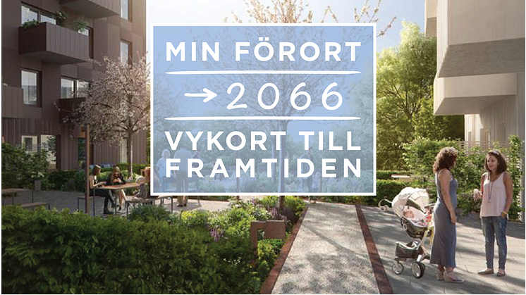 Vykortens framsida. Positivt framtidsfokus när Titania börjar bygga Tingstorget i förorten Alby.