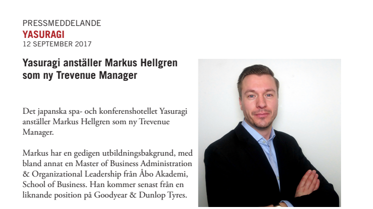 Yasuragi anställer Markus Hellgren  som ny Trevenue Manager