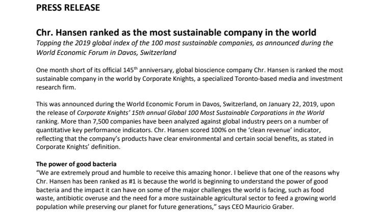 Chr. Hansen ranked as the most sustainable company in the world 
