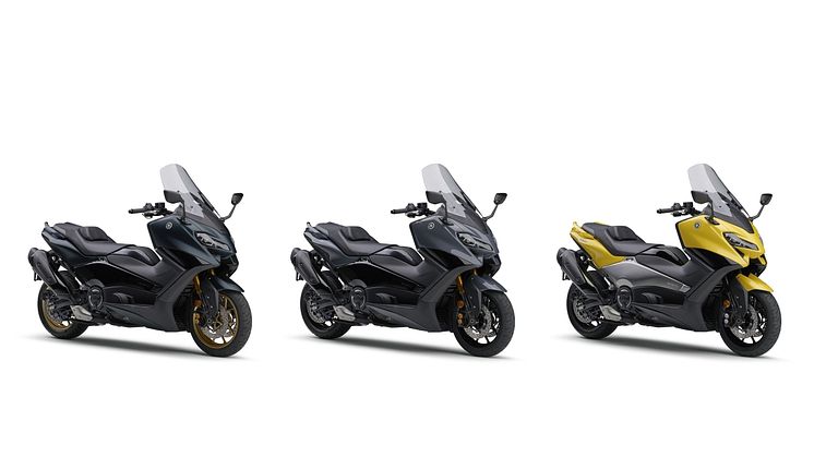 （左より）「TMAX560 TECH MAX ABS」マットダークグリーン、「TMAX560 TECH MAX ABS」グレー、「TMAX560 ABS」イエロー