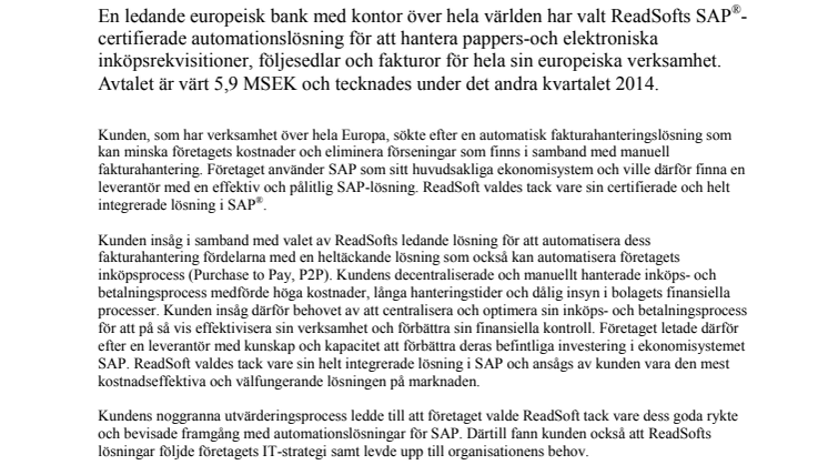ReadSoft tecknar avtal värt 5,9 MSEK med stor europeisk bank