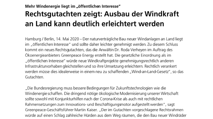 (PRESSEERKLÄRUNG) Mehr Windenergie liegt im „öffentlichen Interesse“: Rechtsgutachten zeigt: Ausbau der Windkraft an Land kann deutlich erleichtert werden