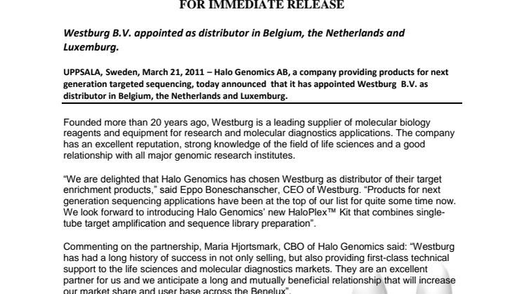 Halo Genomics appoints Westburg B.V. as the distributor in Benelux