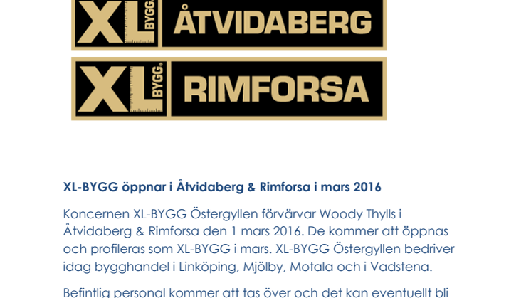 XL-BYGG öppnar bygghandel i Åtvidaberg & Rimforsa 14:e april 2016