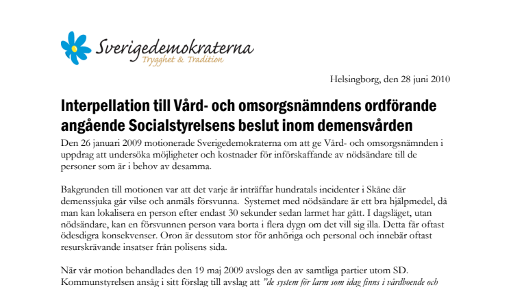 Sverigedemokraterna vill ha svar på frågor om demenssjukas säkerhet