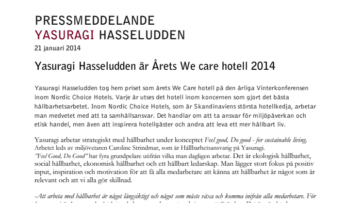 Yasuragi Hasseludden är årets We care hotell 2014