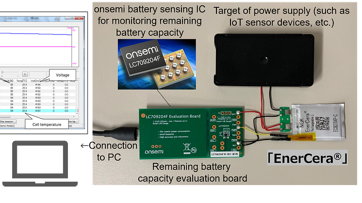 NGK_Evaluation system with onsemi’s built-in battery sensing IC for monitoring remaining battery capacity
