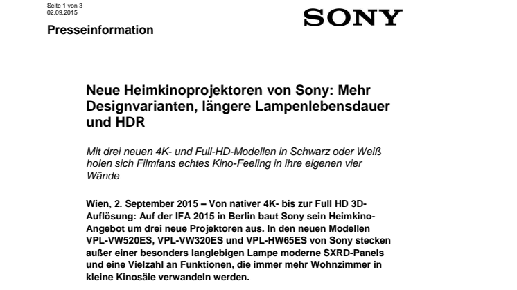 Neue Heimkinoprojektoren von Sony: Mehr Designvarianten, längere Lampenlebensdauer und HDR