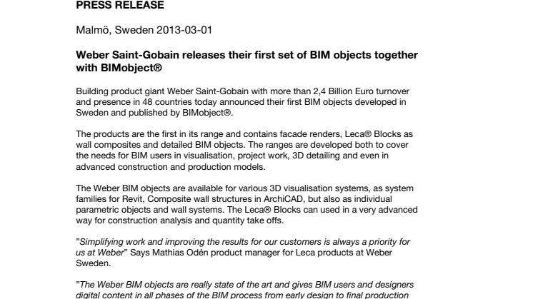 Weber Saint-Gobain releases their first set of BIM objects together with BIMobject®