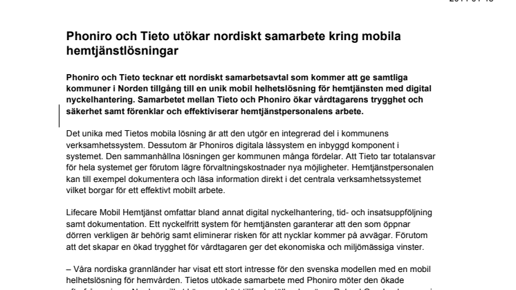 Phoniro och Tieto utökar nordiskt samarbete kring mobila hemtjänstlösningar