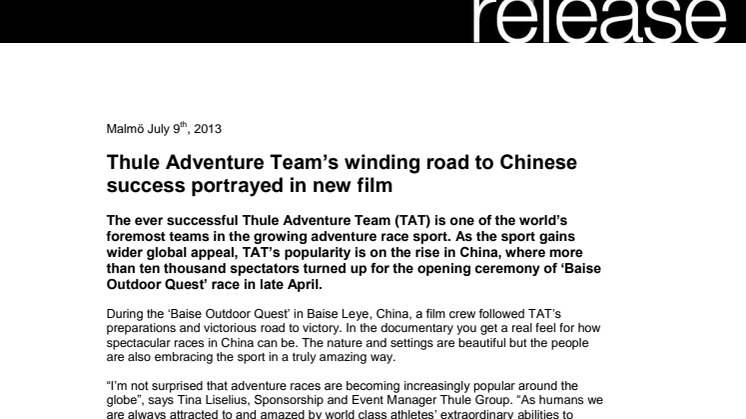 Thule Adventure Team’s winding road to Chinese success portrayed in new film