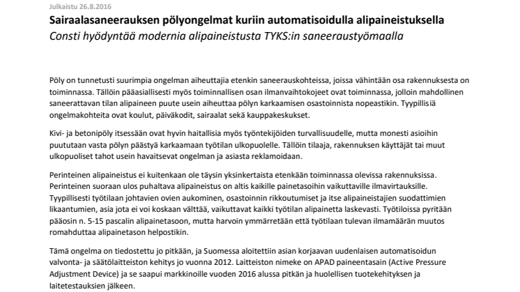 Sairaalasaneerauksen pölyongelmat kuriin automatisoidulla alipaineistuksella