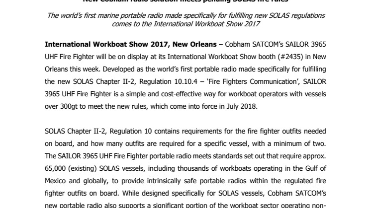 Cobham SATCOM - IWBS 2017: New Cobham radio solution meets pending SOLAS fire rules