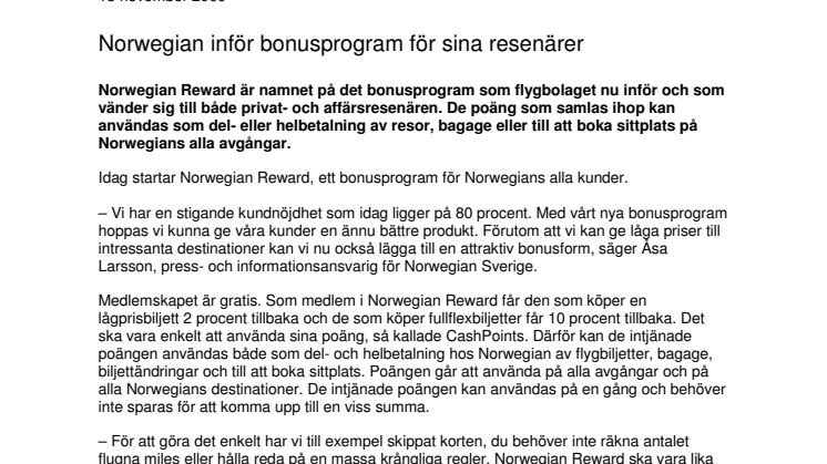 Norwegian inför bonusprogram för sina resenärer 